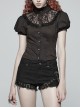 High Collar Front Chest Splice Lace Bubble Sleeve Metal Retro Button Back Waist Lace-Up Black Gothic Blouse