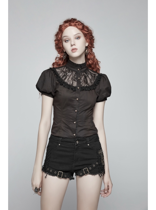 High Collar Front Chest Splice Lace Bubble Sleeve Metal Retro Button Back Waist Lace-Up Black Gothic Blouse