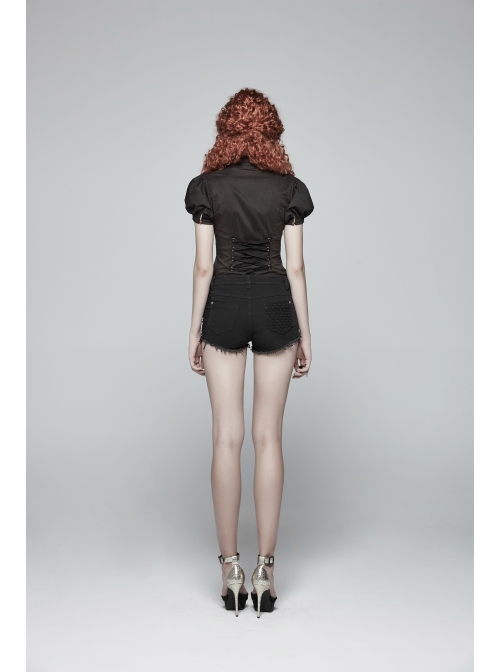 High Collar Front Chest Splice Lace Bubble Sleeve Metal Retro Button Back Waist Lace-Up Black Gothic Blouse