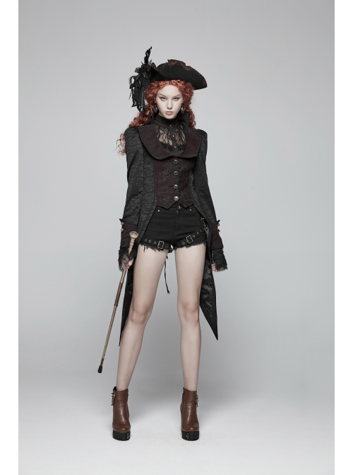 High Collar Front Chest Splice Lace Bubble Sleeve Metal Retro Button Back Waist Lace-Up Black Gothic Blouse