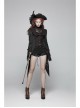 High Collar Front Chest Splice Lace Bubble Sleeve Metal Retro Button Back Waist Lace-Up Black Gothic Blouse