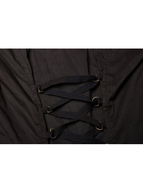 High Collar Front Chest Splice Lace Bubble Sleeve Metal Retro Button Back Waist Lace-Up Black Gothic Blouse