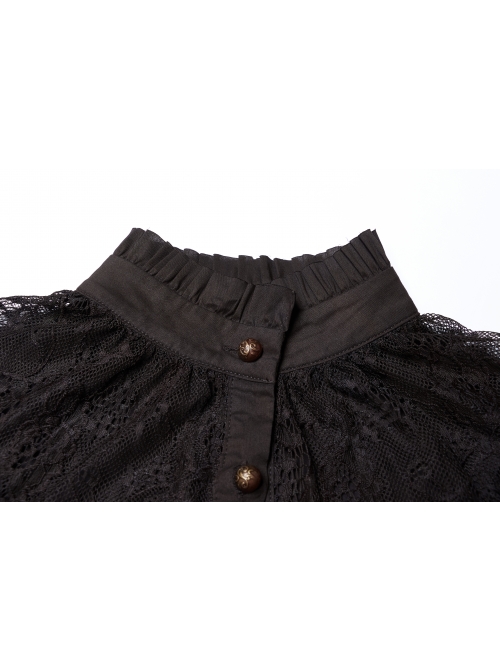 High Collar Front Chest Splice Lace Bubble Sleeve Metal Retro Button Back Waist Lace-Up Black Gothic Blouse