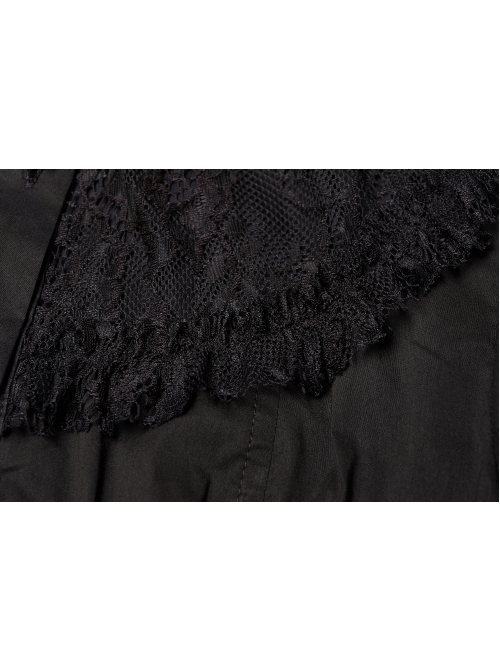 High Collar Front Chest Splice Lace Bubble Sleeve Metal Retro Button Back Waist Lace-Up Black Gothic Blouse