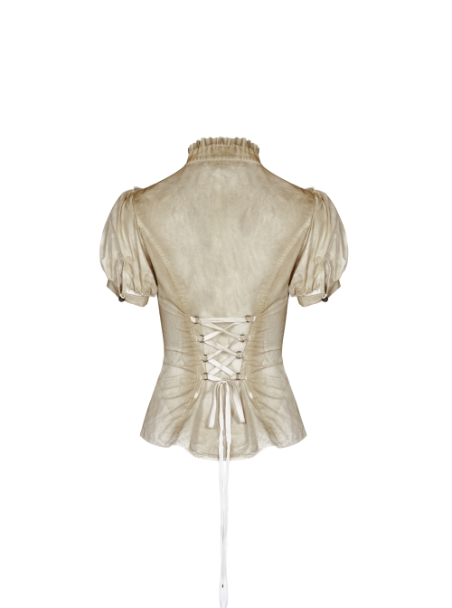 High Collar Front Chest Splice Lace Bubble Sleeve Metal Retro Button Back Waist Lace-Up White Gothic Inkjet Blouse