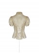 High Collar Front Chest Splice Lace Bubble Sleeve Metal Retro Button Back Waist Lace-Up White Gothic Inkjet Blouse