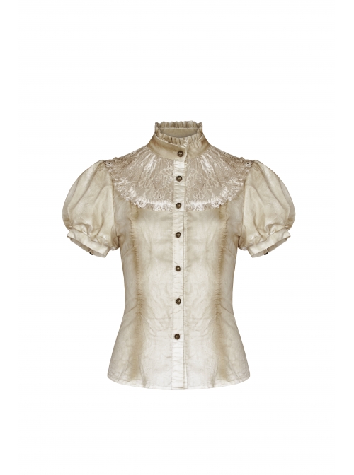 High Collar Front Chest Splice Lace Bubble Sleeve Metal Retro Button Back Waist Lace-Up White Gothic Inkjet Blouse