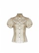 High Collar Front Chest Splice Lace Bubble Sleeve Metal Retro Button Back Waist Lace-Up White Gothic Inkjet Blouse