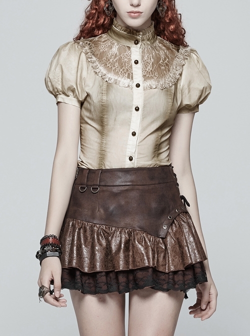 High Collar Front Chest Splice Lace Bubble Sleeve Metal Retro Button Back Waist Lace-Up White Gothic Inkjet Blouse