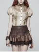 High Collar Front Chest Splice Lace Bubble Sleeve Metal Retro Button Back Waist Lace-Up White Gothic Inkjet Blouse