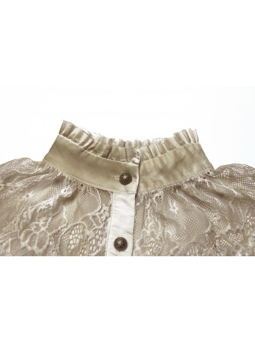 High Collar Front Chest Splice Lace Bubble Sleeve Metal Retro Button Back Waist Lace-Up White Gothic Inkjet Blouse
