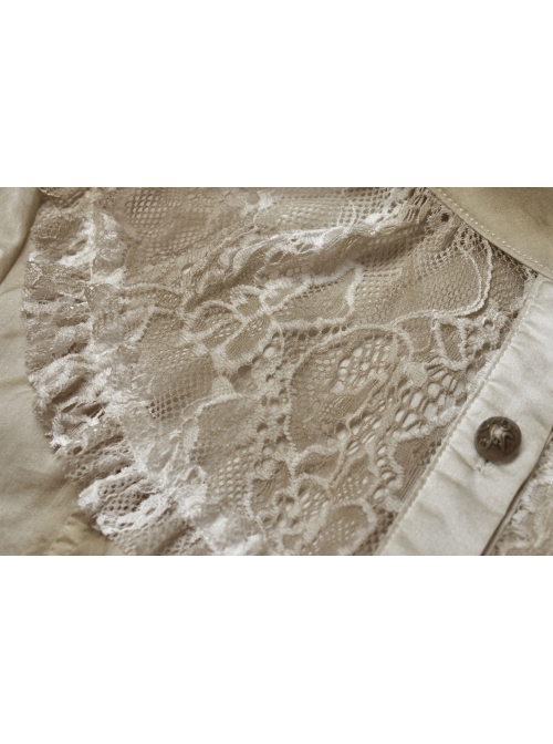 High Collar Front Chest Splice Lace Bubble Sleeve Metal Retro Button Back Waist Lace-Up White Gothic Inkjet Blouse