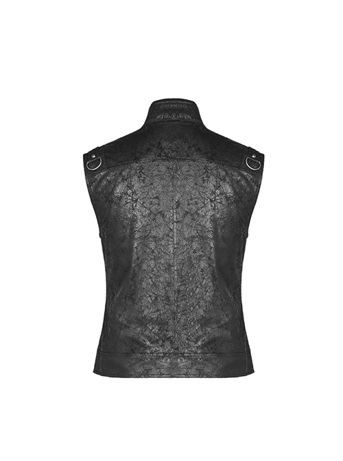 Stand-Up Collar Front Metal Buckle Black Punk Crack Woven Vest