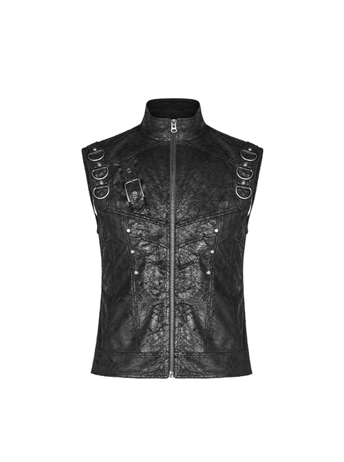 Stand-Up Collar Front Metal Buckle Black Punk Crack Woven Vest