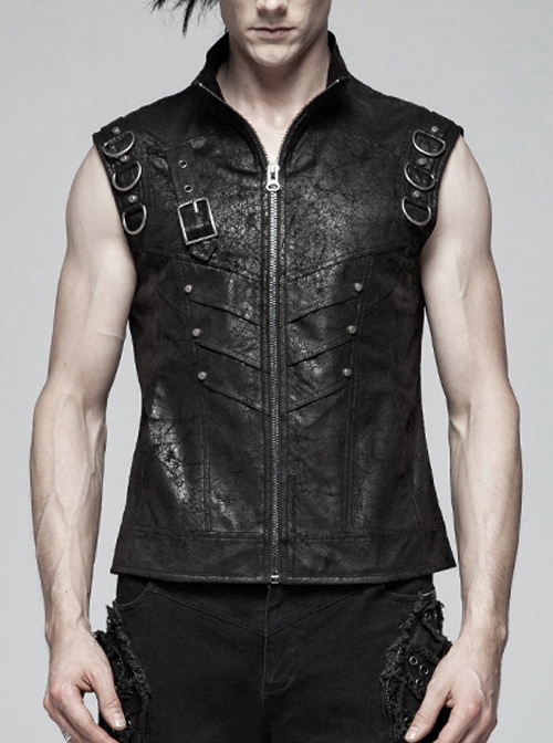 Stand-Up Collar Front Metal Buckle Black Punk Crack Woven Vest