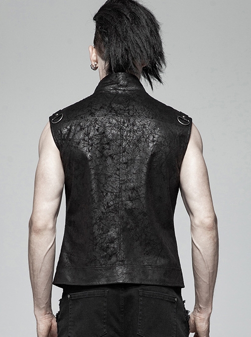 Stand-Up Collar Front Metal Buckle Black Punk Crack Woven Vest