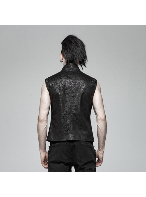 Stand-Up Collar Front Metal Buckle Black Punk Crack Woven Vest