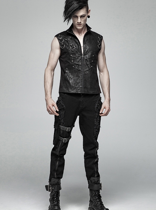 Stand-Up Collar Front Metal Buckle Black Punk Crack Woven Vest