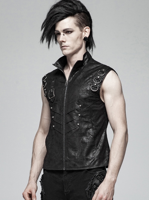 Stand-Up Collar Front Metal Buckle Black Punk Crack Woven Vest