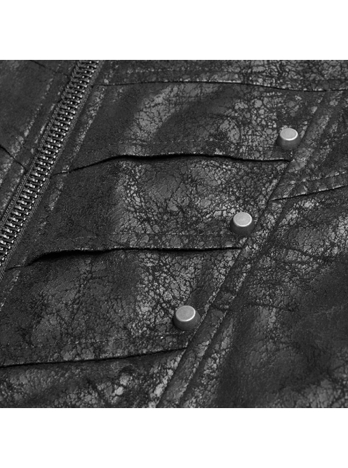 Stand-Up Collar Front Metal Buckle Black Punk Crack Woven Vest
