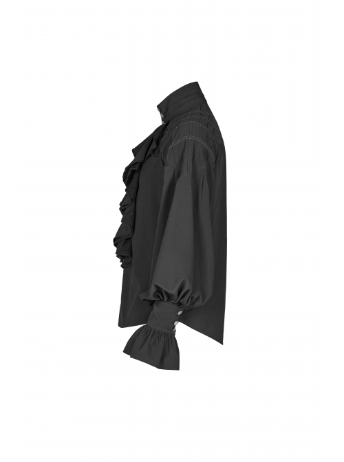 High Collar Metal Retro Button Front Chest Ruffle Lantern Sleeve Black Gothic Shirt
