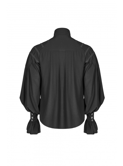 High Collar Metal Retro Button Front Chest Ruffle Lantern Sleeve Black Gothic Shirt