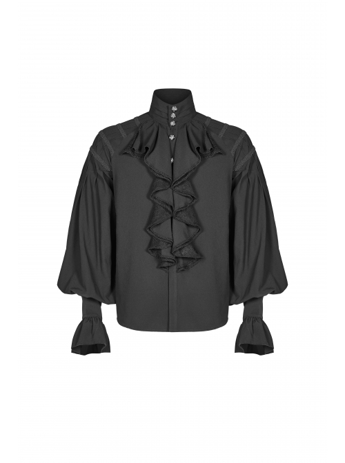 High Collar Metal Retro Button Front Chest Ruffle Lantern Sleeve Black Gothic Shirt