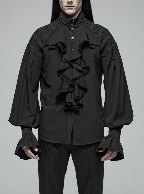 High Collar Metal Retro Button Front Chest Ruffle Lantern Sleeve Black Gothic Shirt