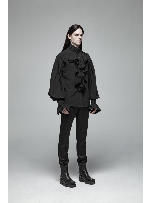 High Collar Metal Retro Button Front Chest Ruffle Lantern Sleeve Black Gothic Shirt