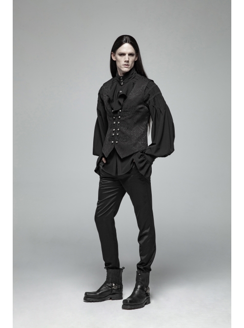 High Collar Metal Retro Button Front Chest Ruffle Lantern Sleeve Black Gothic Shirt