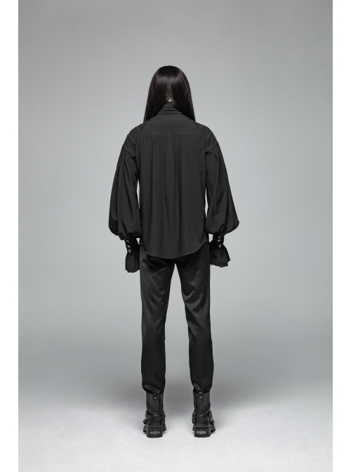 High Collar Metal Retro Button Front Chest Ruffle Lantern Sleeve Black Gothic Shirt