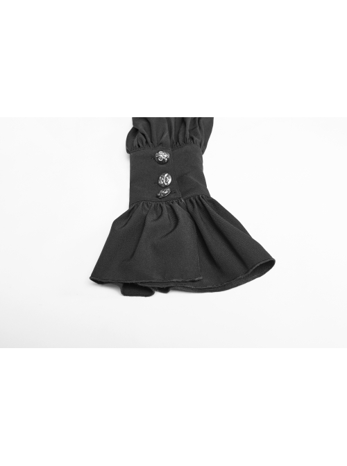 High Collar Metal Retro Button Front Chest Ruffle Lantern Sleeve Black Gothic Shirt