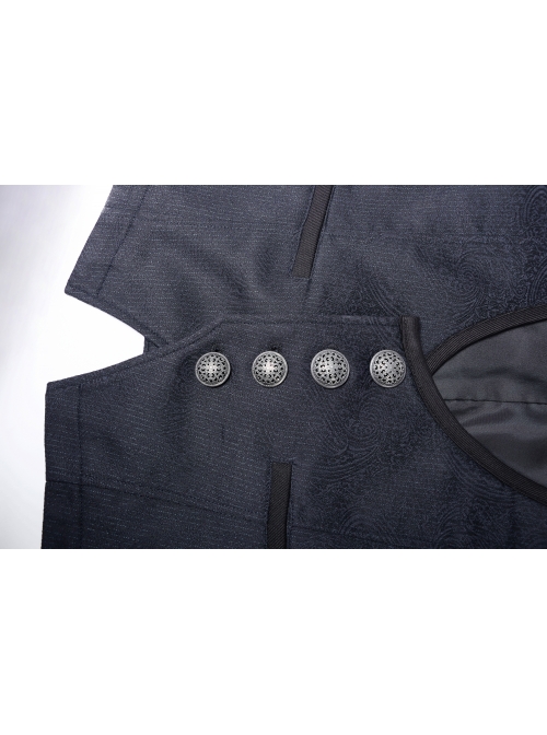 Dark Jacquard Front Metal Retro Button Back Waist Leather Hasp Grey Gothic Vest