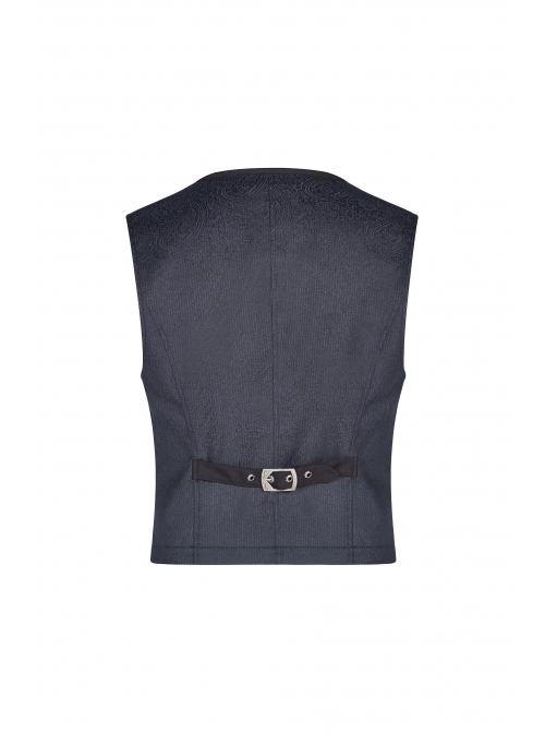 Dark Jacquard Front Metal Retro Button Back Waist Leather Hasp Grey Gothic Vest