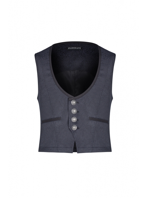 Dark Jacquard Front Metal Retro Button Back Waist Leather Hasp Grey Gothic Vest