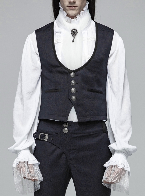 Dark Jacquard Front Metal Retro Button Back Waist Leather Hasp Grey Gothic Vest