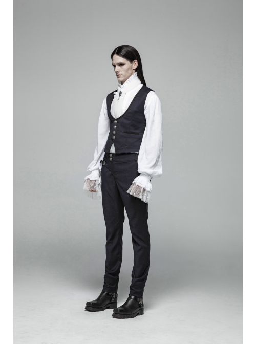 Dark Jacquard Front Metal Retro Button Back Waist Leather Hasp Grey Gothic Vest