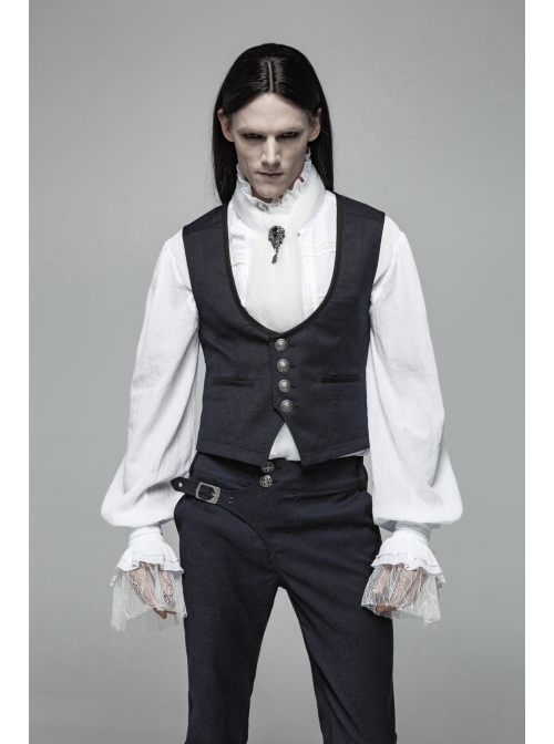 Dark Jacquard Front Metal Retro Button Back Waist Leather Hasp Grey Gothic Vest