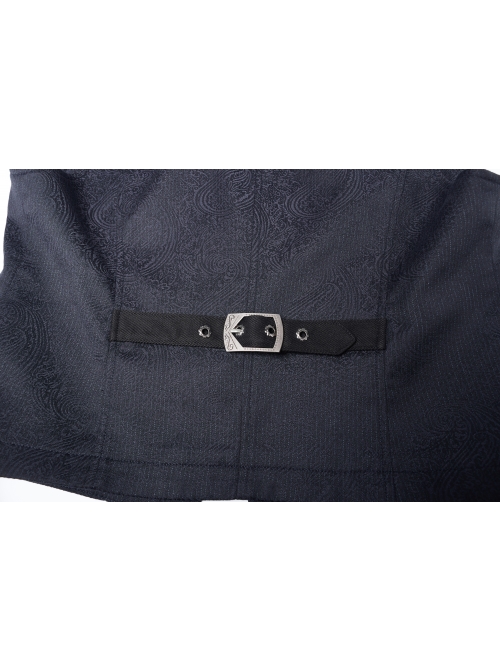 Dark Jacquard Front Metal Retro Button Back Waist Leather Hasp Grey Gothic Vest