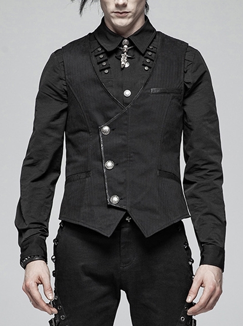 Asymmetrical Placket Metal Retro Button Back Waist Leather Hasp Black Punk Vest