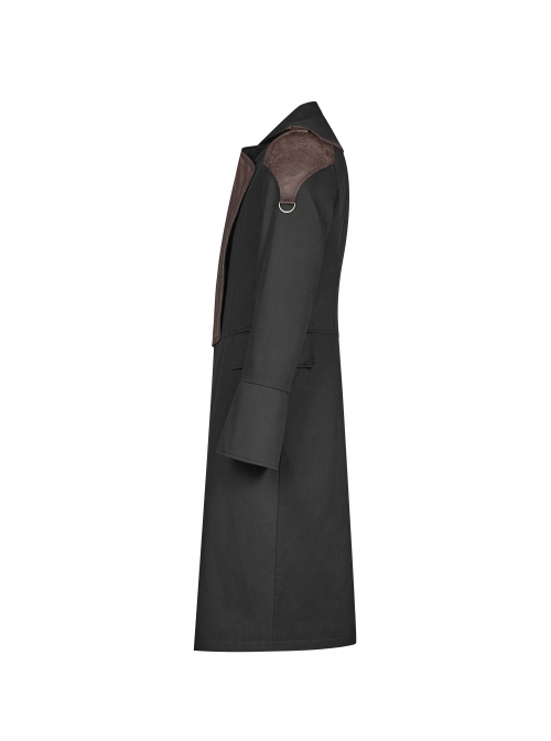 Fake Two-Piece Front Chest Metal Retro Button Splice Leather Flare Cuff Black Punk Mid Coat