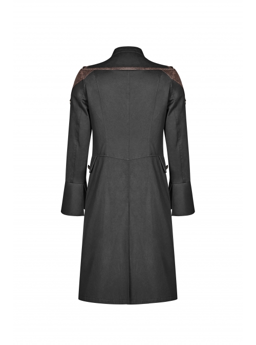 Fake Two-Piece Front Chest Metal Retro Button Splice Leather Flare Cuff Black Punk Mid Coat