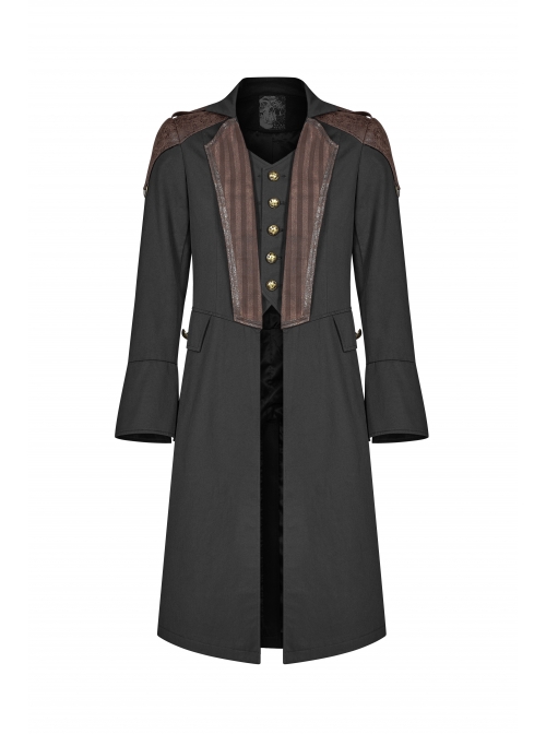Fake Two-Piece Front Chest Metal Retro Button Splice Leather Flare Cuff Black Punk Mid Coat