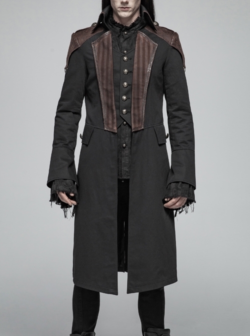 Fake Two-Piece Front Chest Metal Retro Button Splice Leather Flare Cuff Black Punk Mid Coat