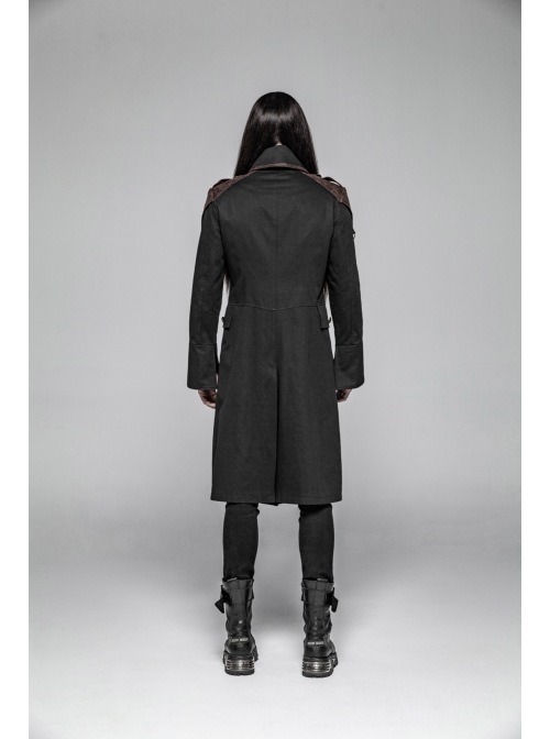 Fake Two-Piece Front Chest Metal Retro Button Splice Leather Flare Cuff Black Punk Mid Coat