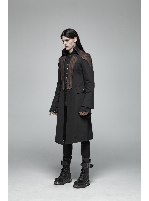 Fake Two-Piece Front Chest Metal Retro Button Splice Leather Flare Cuff Black Punk Mid Coat