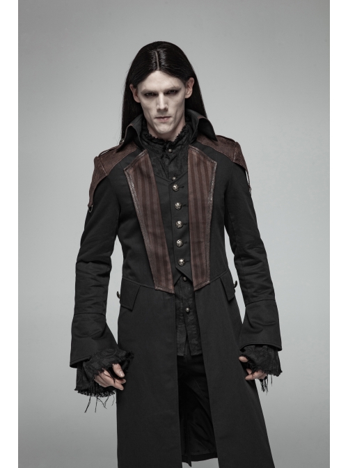Fake Two-Piece Front Chest Metal Retro Button Splice Leather Flare Cuff Black Punk Mid Coat