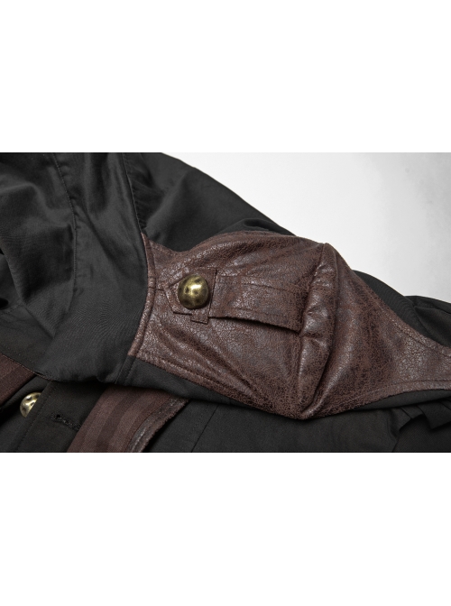 Fake Two-Piece Front Chest Metal Retro Button Splice Leather Flare Cuff Black Punk Mid Coat