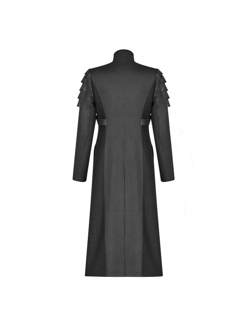 Stand-Up Collar Splice Leather Armor Shape Sleeve Metal Buckle Strap Black Punk Long Coat