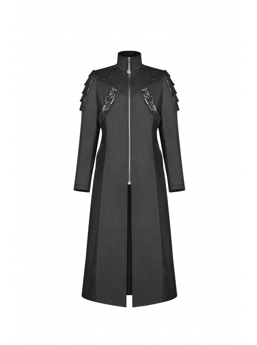 Stand-Up Collar Splice Leather Armor Shape Sleeve Metal Buckle Strap Black Punk Long Coat